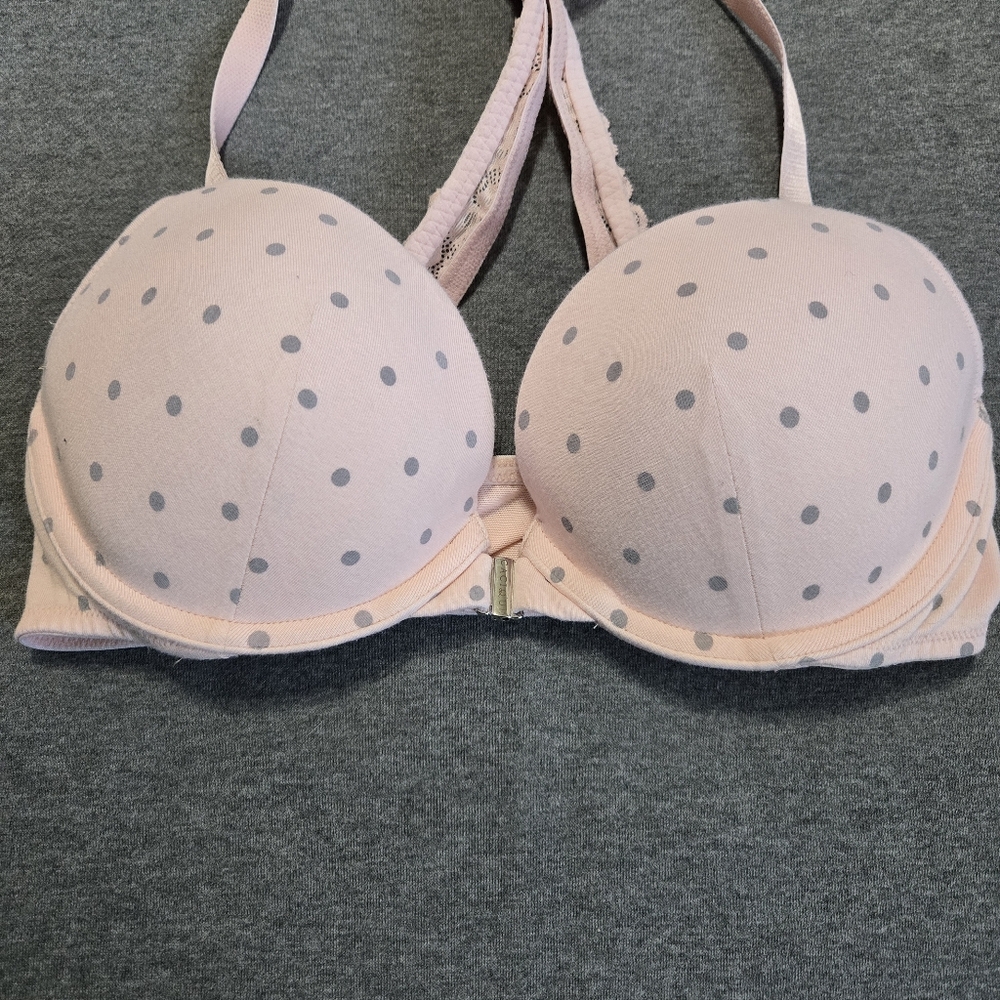 Cacique Boost Plunge Bra Pink Front Closure Padded Underwire Polka Dot 32D